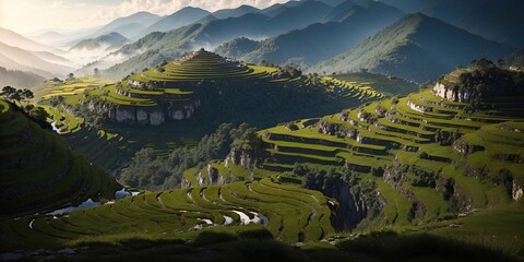 Rice terraces in the mountains in the morning light near the village.