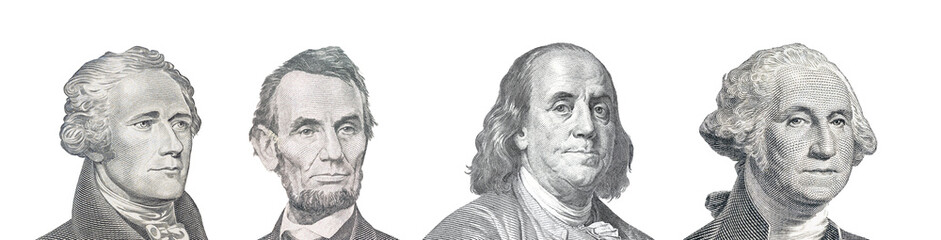 Portraits from US dollar bills isolated. US presidents. Alexander Hamilton, Abraham Lincoln,...