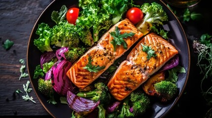 Grilled salmon fish fillet and fresh green leafy vegetable salad with tomatoes, red onion and broccoli - obrazy, fototapety, plakaty