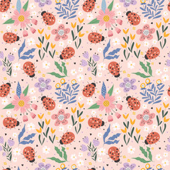 Ladybugs among flowers. Summer pattern. Seamless pattern, vector illustration