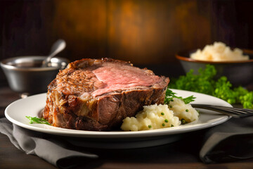 Delicious roasted medium rare prime rib on a plate served with mashed potatoes. Traditional American cuisine holiday food concept - obrazy, fototapety, plakaty