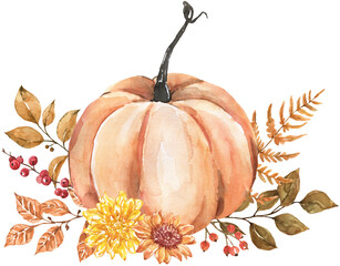 Watercolor floral pumpkin arrangement. Orange gourd with yellow, rust-colored flowers, and fall leaves, isolated on transparent background. Autumn bouquet illustration. PNG clipart. - 617753196