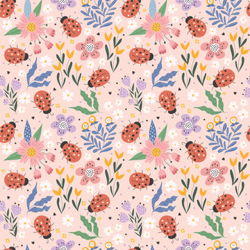 Ladybugs among flowers. Summer pattern. Seamless pattern, vector illustration