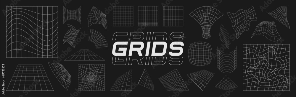 Wall mural set of retrofuturistic design elements. perspective grids, gravity visualization. pack of cyberpunk 