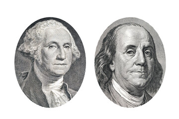 Portraits of George Washington and Benjamin Franklin from dollar bills isolated. America's money