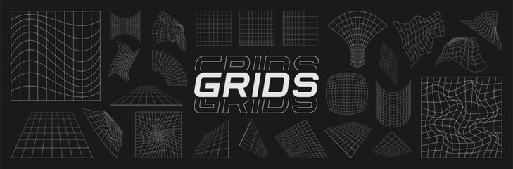 Set of retrofuturistic design elements. Perspective grids, gravity visualization. Pack of cyberpunk 80s style design elements. Cyberpunk style vector collection.