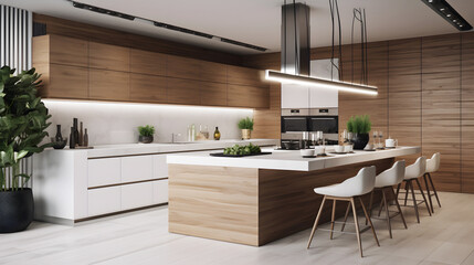 Fototapeta na wymiar modern kitchen interior with color wood and white created with Generative AI