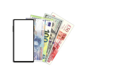 Obraz na płótnie Canvas Financial illustration. Smartphone with blank white screen. Bills of the currencies of the world. Banknote of Switzerland, EU, USA and England. Empty isolated background.