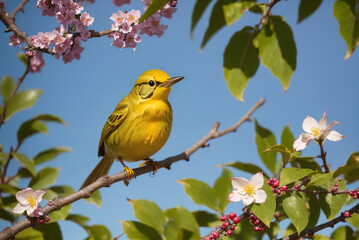 Obraz premium closeup of a beautiful Yellow warbler in a purple flowering tree, generative AI