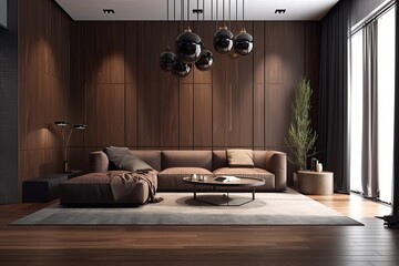 Interior of a minimalist living room with a brown sofa, white and dark wooden walls, and a dark hardwood floor. Generative AI
