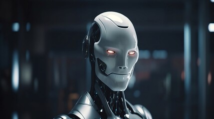 a close-up of a humanoid robot with a white head and red glowing eyes.
