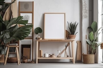 Interior of a Scandinavian style house with an empty white board and a copy area for a mockup. White shelves, a potted green palm, a wooden tray with tea, a simple design, vertical. Generative AI