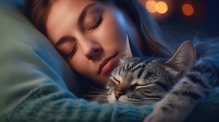 The cat is sleeping in the girl's arms. A cozy evening. Hugs with cats. Love for cats. Home comfort. Generative AI