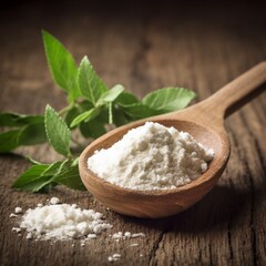 stevia sugar powder in the wooden spoon, with fresh stevia leaves, on wooden background. generative ai - obrazy, fototapety, plakaty