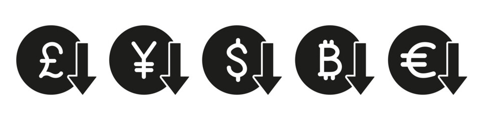 Currency symbols with arrow down. Price reduction or financial crisis - vector sign.