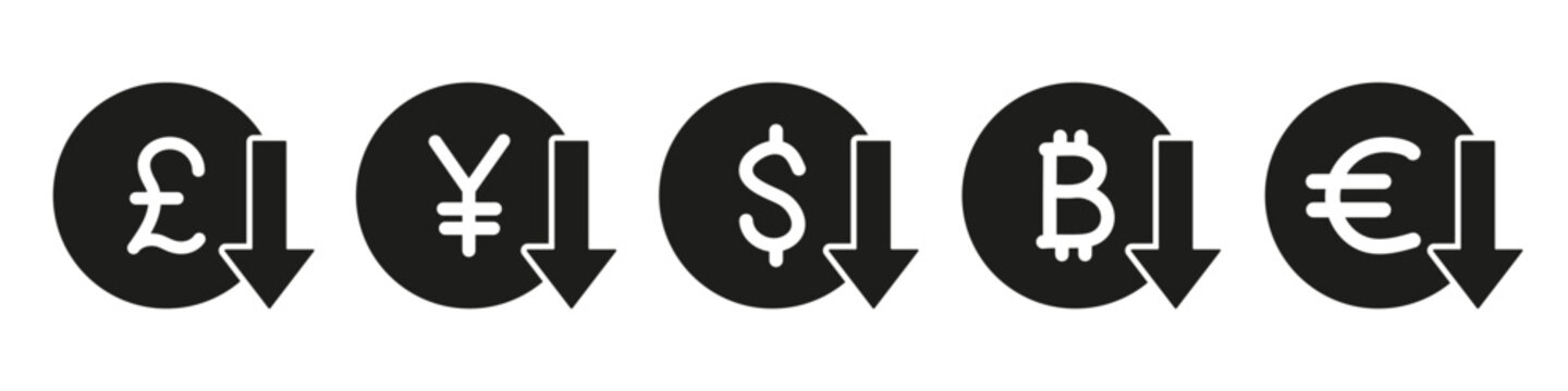Currency symbols with arrow down. Price reduction or financial crisis - vector sign.