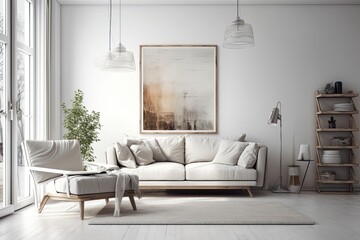 Interior of a stylish living room with a blank canvas on a white hardwood wall. Draft for a design. Generative AI