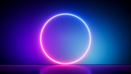 Glowing neon background with fluorescent ring, blank round frame. 3d rendering.