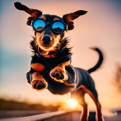 dachshund dog jumps in the air with sunglasses and blue accessories at sunset