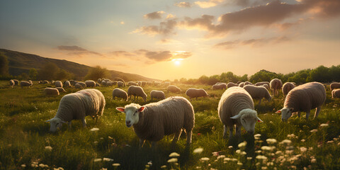 sheep grazing in a field, Group of white sheep eating or walking or running at the lawn in the evening in the mountain meado, generative Ai