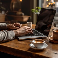 a person sitting at a table with a laptop and a cup of coffee