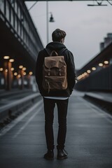a person standing on a sidewalk with a backpack