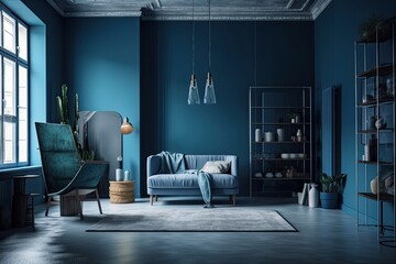 Interior of a contemporary blue living room with traditional blue, the 2020 interior design color of the year. Generative AI - obrazy, fototapety, plakaty