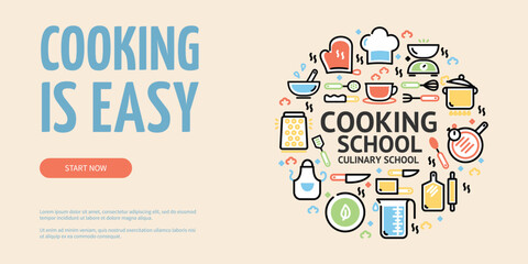 Cooking is Easy Culinary School Start Now Horizontal Placard Poster Banner Card Template. Vector illustration of Course