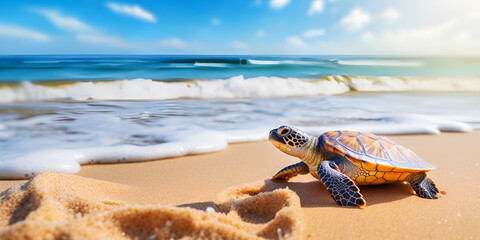 Fototapeta na wymiar sea turtle walking to the sea, Beautiful sea turtle on the beach, generative Ai