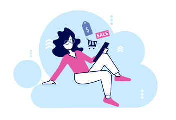 Vector of a woman shopping online looking for best deals