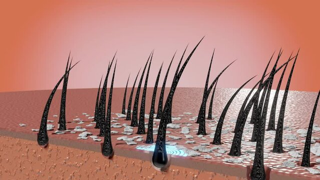 Shampoo or serum nourish hair follicles and removes dandruff - hair care concept - 3D 4k animation (3840x2160px)