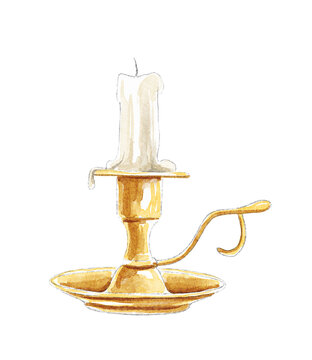 Vintage melted candle in golden bronze candlestick  isolated on white background. Watercolor hand drawn illustration sketch