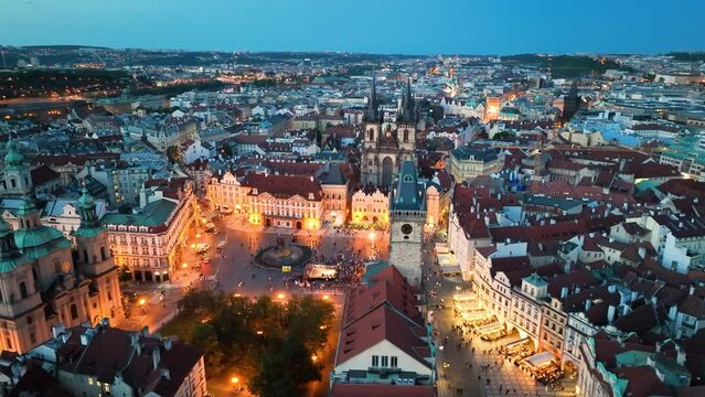 aerial view of the Prague Old Town architecture and old buildings over Vltava river in Prague, Czechia.