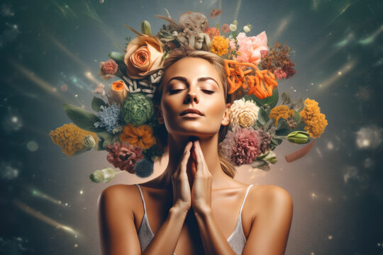 Close up of a young woman meditating. Concept image on alternative ways to nurture our bodies and minds. Generative AI