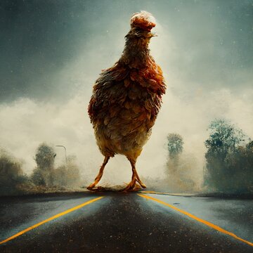 photo realistic surreal image of chicken crossing the road 