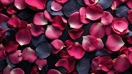 Fotobehang Rose petals on black background, wedding love and romance card template texture © AdamantiumStock
