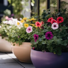 Obraz na płótnie Canvas Colourful petunias in ceramic planters in sunny garden, created using generative ai technology
