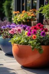 Fototapeta na wymiar Colourful petunias in ceramic planters in sunny garden, created using generative ai technology