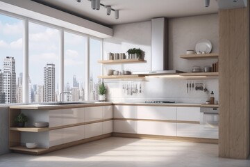 Interior of a kitchen with white furnishings, wooden wall shelves, counters, an oven, and draped windows. a mockup. Generative AI