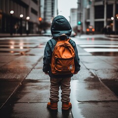 Fototapeta premium a small child in a jacket carrying a backpack