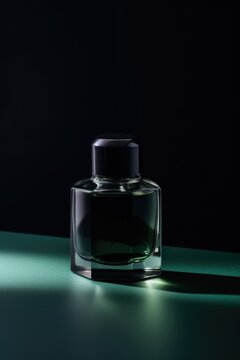 Rectangular glass perfume bottle on black background, created using generative ai technology