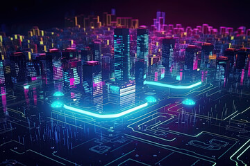 Fototapeta na wymiar Smart city on circuit board background, a futuristic cyberspace concept brought to life. Ai generated