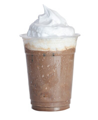 Cold chocolate on iced with whipped cream in plastic to go cup, no label for iced chocolate mockup....