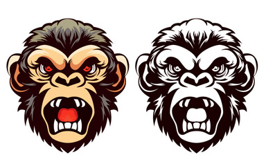 Angry Monkey face mascot cartoon vector illustration, Logo concept Angry Ape, chimpanzee screaming mascot vector image, colored and black and white stock vector