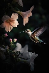 Fototapeta premium Hummingbird hovering by white flower, copy space, created using generative ai technology