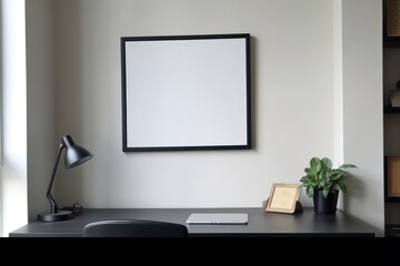 Empty black frame with copy space in office on white wall, created using generative ai technology