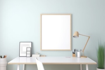Empty wooden frame with copy space in office on blue wall, created using generative ai technology