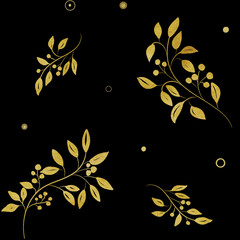 Rich Pattern with Golden Branch. Seamless natural pattern on a black background. Wedding holiday illustration. Design for wallpaper, magazines and textiles