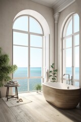 Bright eclectic bathroom with large windows and view to sea, created using generative ai technology