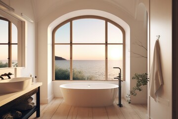 Fototapeta na wymiar Sunny eclectic bathroom with large window and view to sea, created using generative ai technology